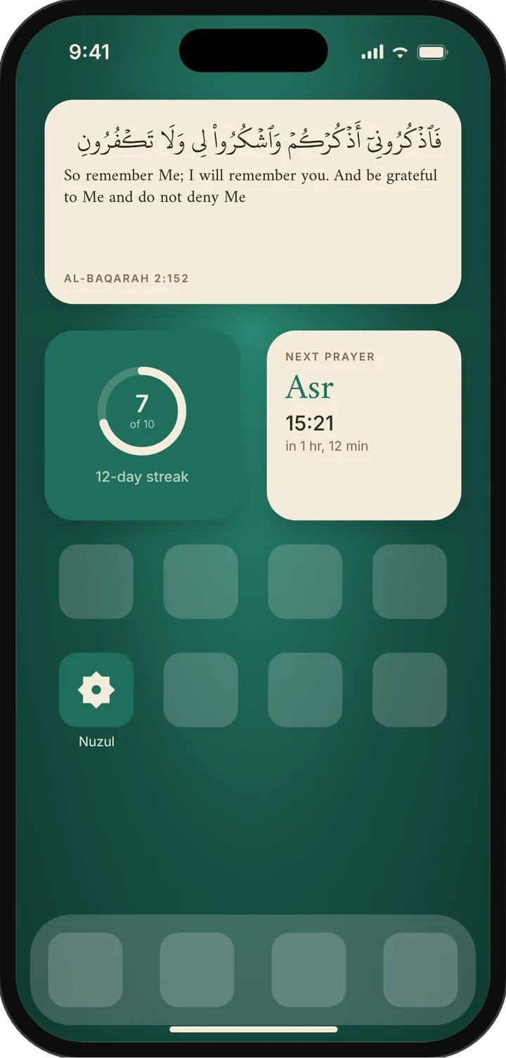 Home Screen widgets showing the ayah of the day, daily goal and streak, and the next prayer